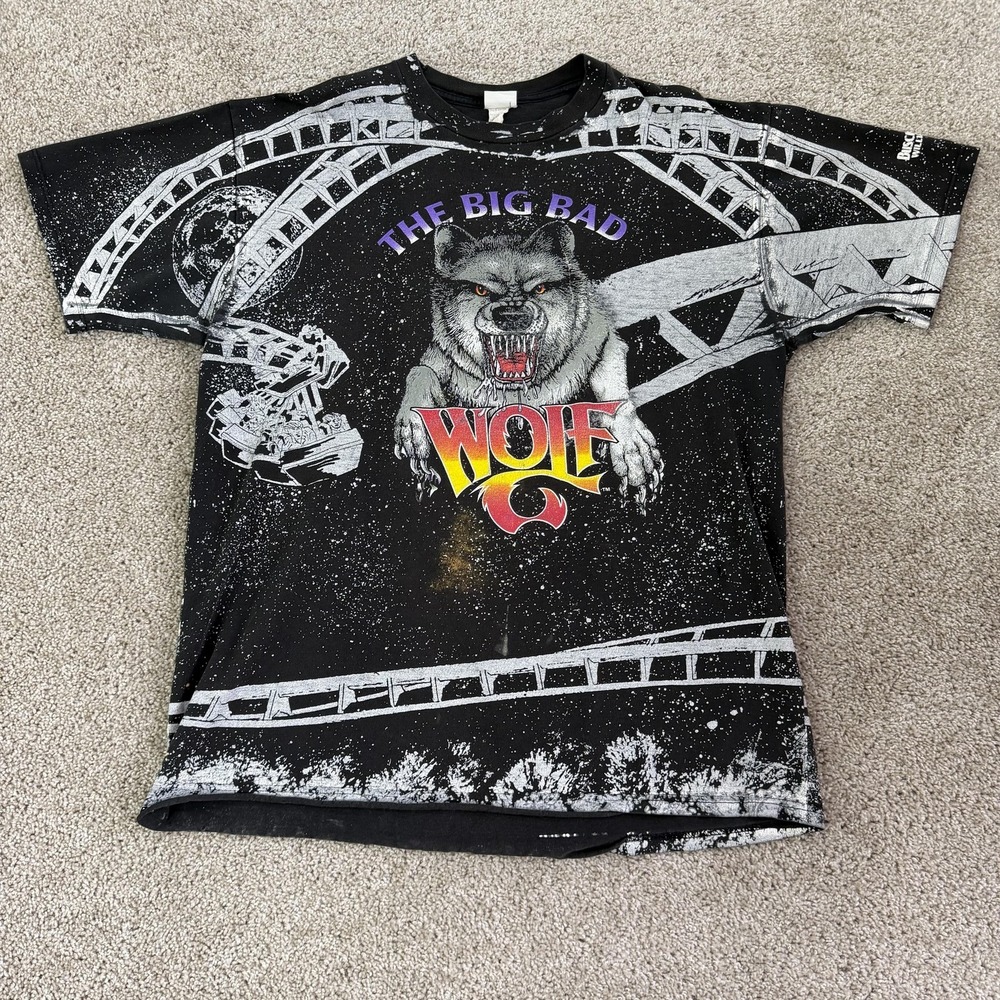 Vintage Busch Gardens Big Bad Wolf Shirt Mens Large Black Roller Coaster Rudman